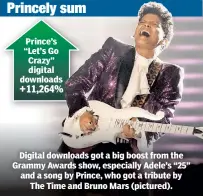  ??  ?? Prince’s “Let’s Go Crazy” digi tal downloads +11,264% Digital downloads got a big boost from the Grammy Awards show, especially Adele’s “25” and a song by Prince, who got a tribute by The Time and Bruno Mars (pictured).