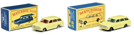  ??  ?? ▲ Early Matchbox No 38 with red interior and grey wheels, and the early style box (blue car image). Photo: Vectis Auctions ▲ Matchbox No 38 with green interior and black wheels, and the later box correctly displaying the model’s colour. Photo: Vectis Auctions