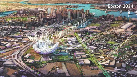  ??  ?? A proposed Olympic stadium is depicted in a rendering released by Boston 2024, the group that is organizing the city’s bid to host the 2024 Summer Olympics.