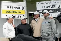  ?? BARRY HARCOURT/STUFF ?? Profession­al golfers from left, Peter O’Malley, Peter Senior, Peter Fowler and Mahal Pearce at the opening of Oreti Sands golf course redevelopm­ent in March 2009.