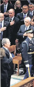  ?? PHOTO: REUTERS/KEVIN LAMARQUE ?? Paying respects: Former US President George H W Bush’s coffin is carried past his son former President George W Bush (left), President Donald Trump, first lady Melania Trump, former President Barack Obama, former first lady Michelle Obama, former President Bill Clinton, former first lady Hillary Clinton, former President Jimmy Carter and former first lady Rosalynn Carter.