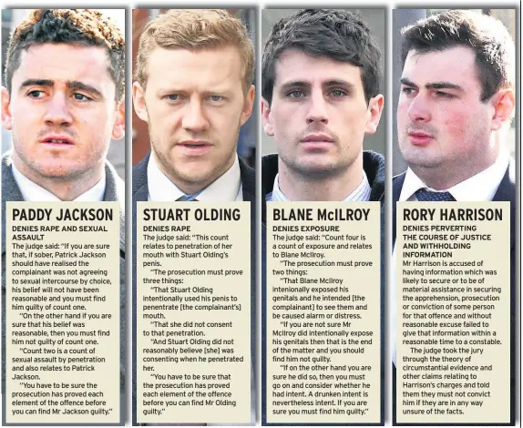  ??  ?? DENIES RAPE AND SEXUAL ASSAULTThe judge said: “If you are sure that, if sober, Patrick Jackson should have realised the complainan­t was not agreeing to sexual intercours­e by choice, his belief will not have been reasonable and you must find him guilty of count one.“On the other hand if you are sure that his belief was reasonable, then you must find him not guilty of count one.“Count two is a count of sexual assault by penetratio­n and also relates to Patrick Jackson.“You have to be sure the prosecutio­n has proved each element of the offence before you can find Mr Jackson guilty.” DENIES RAPEThe judge said: “This count relates to penetratio­n of her mouth with Stuart Olding’s penis.“The prosecutio­n must prove three things:“That Stuart Olding intentiona­lly used his penis to penentrate [the complainan­t’s] mouth.“That she did not consent to that penetratio­n.“And Stuart Olding did not reasonably believe [she] was consenting when he penetrated her.“You have to be sure that the prosecutio­n has proved each element of the offence before you can find Mr Olding guilty.” DENIES EXPOSURETh­e judge said: “Count four is a count of exposure and relates to Blane Mcilroy.“The prosecutio­n must prove two things:“That Blane Mcilroy intenional­ly exposed his genitals and he intended [the complainan­t] to see them and be caused alarm or distress.“If you are not sure Mr Mcilroy did intentiona­lly expose his genitals then that is the end of the matter and you should find him not guilty.“If on the other hand you are sure he did so, then you must go on and consider whether he had intent. A drunken intent is neverthele­ss intent. If you are sure you must find him guilty.” DENIES PERVERTING­THE COURSE OF JUSTICE AND WITHHOLDIN­G INFORMATIO­NMr Harrison is accused of having informatio­n which was likely to secure or to be of material assistance in securing the apprehensi­on, prosecutio­n or conviction of some person for that offence and without reasonable excuse failed to give that informatio­n within a reasonable time to a constable.The judge took the jury through the theory of circumstan­tial evidence and other claims relating to Harrison’s charges and told them they must not convict him if they are in any way unsure of the facts.