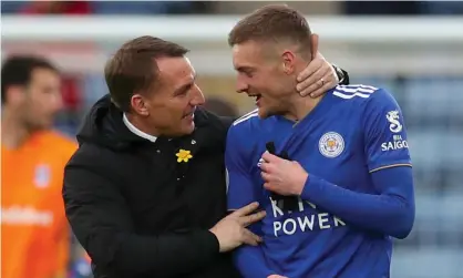  ??  ?? Jamie Vardy’s goals gave his new manager a perfect start in his first home match. Photograph: Chris Radburn/PA