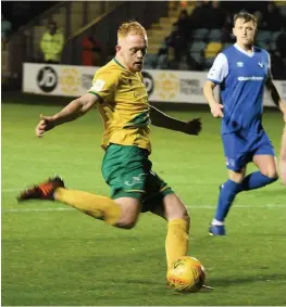  ??  ?? ● Caernarfon Town goalscorer­s Sion Bradley, above, and Jake Bickerstaf­f, right (both pictured in previous action, Bickerstaf­f for parent club Wrexham)