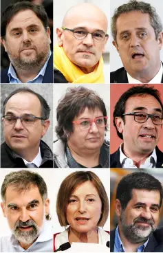  ?? — AFP photo ?? This combinatio­n of file pictures shows jailed Catalan separatist leaders (top left-right) Junqueras, Raul Romeva, Joaquim Forn, (centre left-right) Jordi Turull, Dolors Bassa, Josep Rull, (bottom left-right) Cuixart, Forcadell and Sanchez.