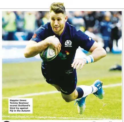  ??  ?? Happier times: Tommy Seymour scores Scotland's third try against Fiji in the Autumn