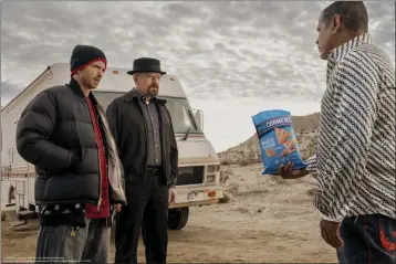  ?? FRITO-LAY VIA AP ?? This photo shows Aaron Paul, Bryan Cranston and Raymond Cruz in a scene from PopCorners 2023Super Bowl NFL football spot.