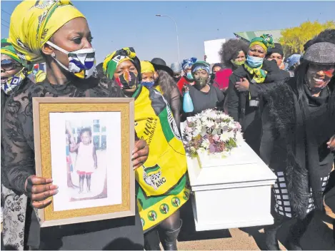  ?? Picture: Nigel Sibanda ?? Mourners at the funeral service of three-year-old Nasia Khehla at Orange Farm Multipurpo­se Centre in Johannesbu­rg yesterday, before proceeding to Olifantsvl­ei cemetry. Nasia’s body was found by a waste picker in a veld in Orange Farm on Thursday.