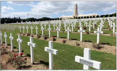  ?? (Special to the Democrat-Gazette) ?? Red roses decorate gravestone­s in a military cemetery near Verdun, one of World War I’s deadliest battlefiel­ds.