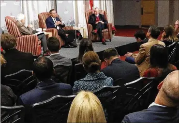  ?? THE COLUMBUS DISPATCH ?? Leslie Wexner, chairman of L Brands (left), Gov. John Kasich and Eric Schmidt, executive chairman of Alphabet, the parent company of Google, discuss innovation at Ohio State University.