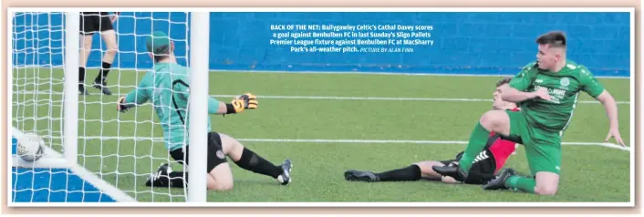  ?? PICTURE BY ALAN FINN ?? BACK OF THE NET: Ballygawle­y Celtic’s Cathal Davey scores a goal against Benbulben FC in last Sunday’s Sligo Pallets Premier League fixture against Benbulben FC at MacSharry Park’s all-weather pitch.