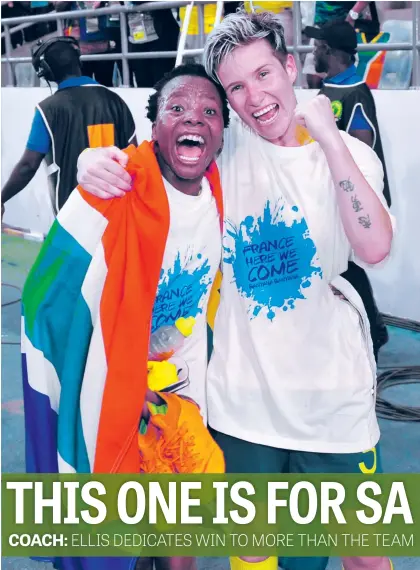  ?? Picture: Backpagepi­x ?? EUPHORIC. Banyana Banyana captain Janine van Wyk (right) and team-mate Thembi Kgatlana were over the moon after their 2-0 win over Mali in the Women’s Africa Cup of Nations semifinals saw them book a place for the first time in next year’s World Cup.