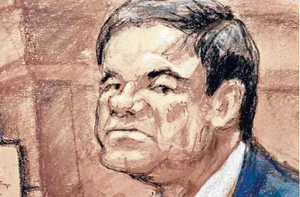  ??  ?? Dibujo Joaquín “El Chapo” Guzmán durante el juicio que se realiza en Nueva York.