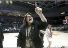  ?? THE ASSOCIATED PRESS ?? Quinnipiac head coach Tricia Fabbri reacts after a second round game in the NCAA women’s college basketball tournament against Miami. Quinnipiac won 85-78and will face top-seeded South Carolina in the Sweet 16.