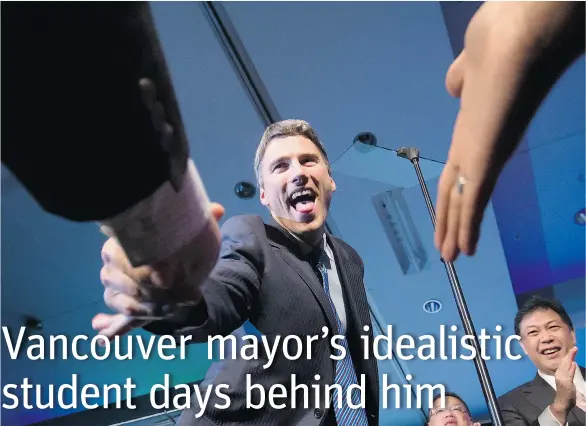  ?? DARRYL DYCK/THE CANADIAN PRESS ?? Vancouver Mayor Gregor Robertson, seen greeting supporters after being elected for a third term last year, called militaries unnecessar­y in a letter he penned as a college student.