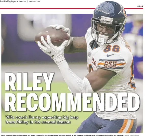  ?? ANDY CLAYTON-KING/AP ?? Wide receiver Riley Ridley, whom the Bears selected in the fourth round last year, played in the last five games of 2019 and had six receptions for 69 yards.