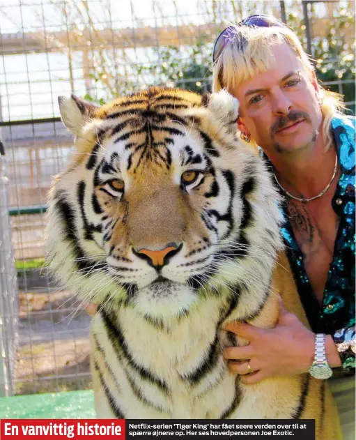  ??  ?? En vanvittig historie
Netflix- serien ’ Tiger King’ har fået seere verden over til at spærre øjnene op. Her ses hovedperso­nen Joe Exotic.