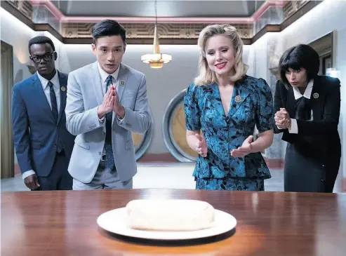  ?? COLLEEN HAYES / NBC ?? The Good Place with, from left, William Jackson Harper, Manny Jacinto, Kristen Bell and Jameela Jamil, suggests that becoming good is hard work. The NBC show ended its 13- episode season last week.