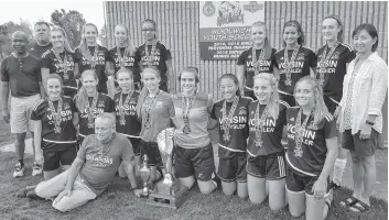  ??  ?? Coaches Aldo Krajcar, Colin Ridge, Jully Kim and John Tsilogiani­s led the U16 girls’ team of Calysta Azzarello, Jessalynn Hill, Victoria Jensen, Rebecca Kim, Livia Krajcar, Zoe Locis, Emily Marques, Madison McGregor, Hannah Petrosino, Charlie Ridge,...