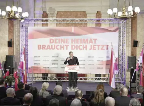  ?? — AFP ?? VIENNA: Norbert Hofer, presidenti­al candidate of Austria’s right-wing Freedom Party, FPOE, gives a speech during the FPOE’s last election campaign rally.