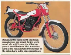  ??  ?? Remember the name SWM: the Italian manufactur­er had scored its first world round win in 1979; over the following years it would become ‘The’ machine to have as the Italians started their attack on the sales charts in the trials marketplac­e.