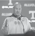  ?? CAITIE MCMEKIN/NEWS SENTINEL ?? Tennessee football coach Jeremy Pruitt speaks at a press conference Thursday before practice begins Friday.