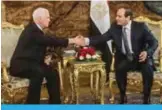  ??  ?? CAIRO: Egyptian President Abdel Fattah Al-Sisi (right) welcomes US Vice President Mike Pence at the Presidenti­al Palace in the capital yesterday. — AFP