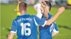  ?? ARCHIVFOTO: CHRISTIAN METZ ?? Fabian Elshani (vo.) und Max Bröhm wollen mit dem TSV Eschach auch im Verbandspo­kal jubeln.