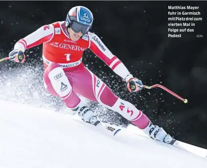  ??  ?? Matthias Mayer fuhr in Garmisch mit Platz drei zum vierten Mal in Folge auf das Podest