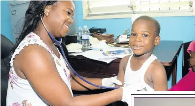  ?? CONTRIBUTE­D ?? Dr Trudy-Ann Johnson, a member of the Rotaract Club of New Kingston, examines Olando Brown during the eighth staging of the Maverley Health Fair by the Rotary Club of Trafalgar New Heights in the community recently.