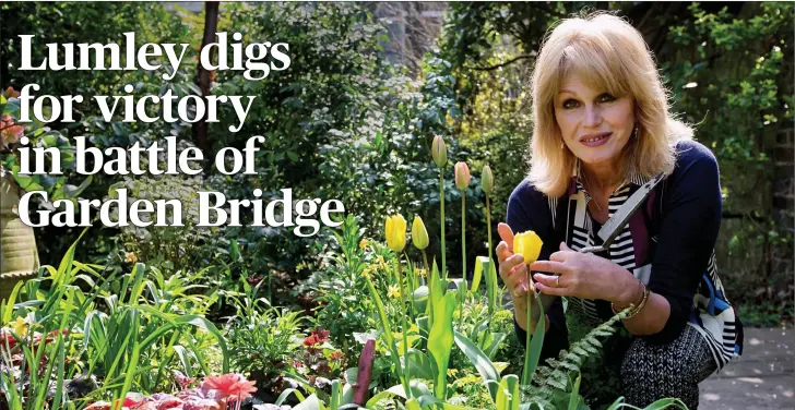  ??  ?? Blooming marvellous: Joanna Lumley in the garden of her London home. Left, artist’s impression of the Garden Bridge