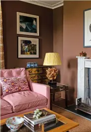  ?? ?? Top left The walls of this kitchen are in De Nimes and the units are in Railings, both by Farrow & Ball Top right Use colour to balance the weight of elements in a room. Here, walls in London Brown by Edward Bulmer Natural Paint are offset by the pink upholstery Bottom left Green walls are complement­ed by punchy reds, yellows and navy blues, and then grounded by the neutral herringbon­e carpet in this design by Katharine Paravicini