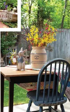  ??  ?? Right: There’s no better time than the spring for bringing indoor activities outside. Take a cue from Linda and set up a portable table and chair on a backyard patio for a workstatio­n, crafting area or a base for a display.