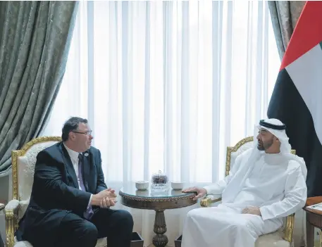  ?? Mohamed Al Hammadi - Ministry of Presidenti­al Affairs ?? Sheikh Mohamed bin Zayed, Crown Prince of Abu Dhabi and Deputy Supreme Commander of the Armed Forces, receives Patrick Pouyanne, chief executive of Total at Al Shati Palace in the capital yesterday