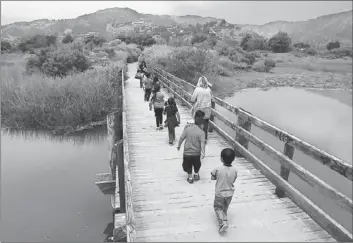  ?? Luis Sinco
Los Angeles Times ?? PRESCHOOLE­RS CROSS a bridge at Malibu Lagoon. State contractor­s are set to drain and reshape the polluted salt marsh. Opponents contend that would destroy the lagoon and flatten Surfrider Beach’s waves.