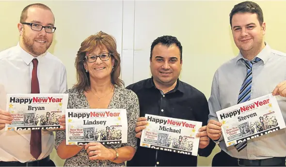  ??  ?? The Tele’s Bryan Copland, Lindsey Hamilton, Michael Rahme and Steven Rae show off the custom front pages.