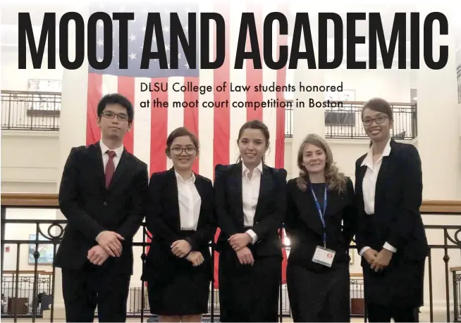  ??  ?? FUTURE LEGAL POWERHOUSE­S From left: Edwin L. Concepcion, Kylie M. Dado, Julia D. Pineda, Coach Amanda Lee, and Michella A. Laureta at Suffolk University in the US.