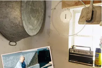  ??  ?? ABOVE The old tin bath in which her mother used to make boerseep hangs on the wall of the room where Alida makes soap. INSET The late Johanna Louw, whose face features on the packaging of Ouma Hanna se Boerseep, stirring soap in the tin bath.