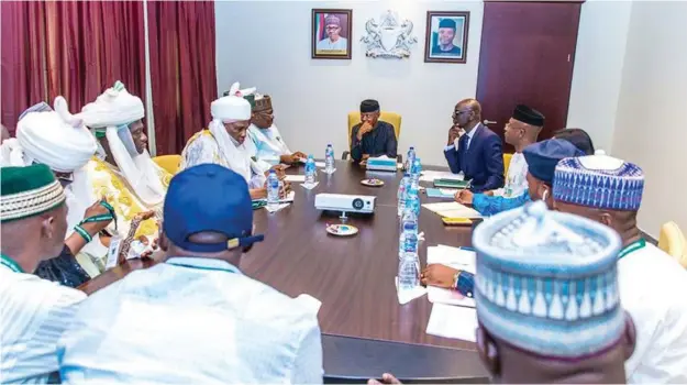  ?? Photo: VP’s Office ?? After his encounter with a group of protesters on his way to the airport last week, Vice President Yemi Osinbajo meets with leaders of the Gbaygi community over the Abuja land dispute