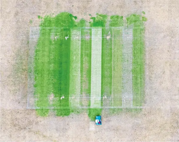  ?? ?? A drone image shows the parched cricket outfield at the Cambridge University sports ground