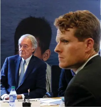  ?? NANCY LANE / HERALD STAFF FILE ?? ELECTION PREVIEW: Congressma­n Joe Kennedy III, foreground, and Sen. Ed Markey will face off in their second debate tonight at 7 p.m.