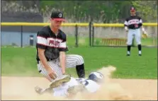  ?? GENE WALSH — DIGITAL FIRST MEDIA ?? Malvern Prep’s Lonnie White steals second as Germantown Academy’s Mike Reilly fields the throw Friday.