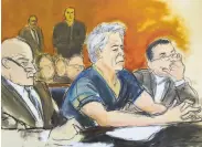  ?? Elizabeth Williams / Associated Press ?? Billionair­e Jeffrey Epstein sits between his attorneys at his arraignmen­t in a New York court.