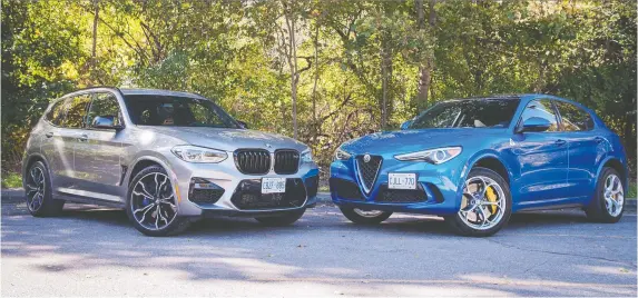  ?? NICK TRAGIANIS ?? The 2019 BMW X3 M and 2019 Alfa Romeo Stelvio Quadrifogl­io are high-powered compact crossovers from Europe that are as fast as many sports cars.