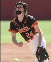  ?? (NWA Democrat-Gazette/Charlie Kaijo) ?? Cally Kildow committed to play softball at the University of Arkansas before her injury-marred career at Gravette began. In November, she signed to play with the Razorbacks.