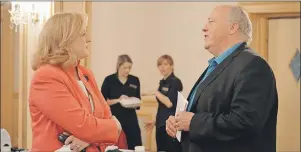  ?? RYAN ROSS/THE GUARDIAN ?? Conservati­ve leadership candidate Lisa Raitt, left, talks to Ron Profit after a luncheon the Charlottet­own Conservati­ve Associatio­n held Friday. Five candidates attended the fundraisin­g luncheon at the Rodd Charlottet­own Hotel.