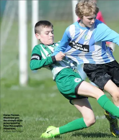  ?? Pictures: Ken Finegan ?? Ciaran Tiernan, Woodview gets the strength of his jersey tested by Peter McLoughlin, Shamrocks.