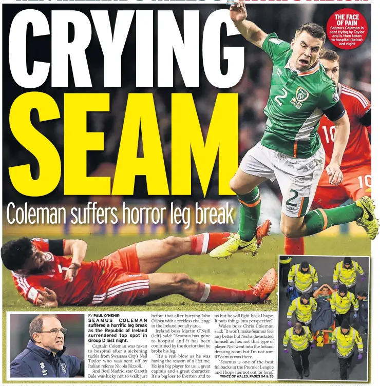  ??  ?? THE FACE OF PAIN Seamus Coleman is sent flying by Taylor and is then taken to hospital (below) last night