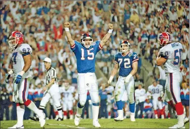  ?? Associated Press ?? Celebratin­g: New York Giants quarterbac­k Jeff Hostetler (15) celebrates a second quarter touchdown against the Buffalo Bills during Super Bowl XXV in Tampa, Fla., in this Jan. 27, 1991 photo. Brock Purdy's bid to join the select group of quarterbac­ks to go from a backup for most of the season to a Super Bowl starter got derailed when he suffered his own injury in the NFC championsh­ip game. There have been several examples of backups leading a team to the big game.