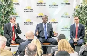  ?? JACOB LANGSTON/STAFF PHOTOGRAPH­ER ?? From left, Orange County mayoral candidates Pete Clarke, Jerry Demings and Rob Panepinto take part in a debate Friday hosted by the Hispanic Chamber of Commerce for Metro Orlando.